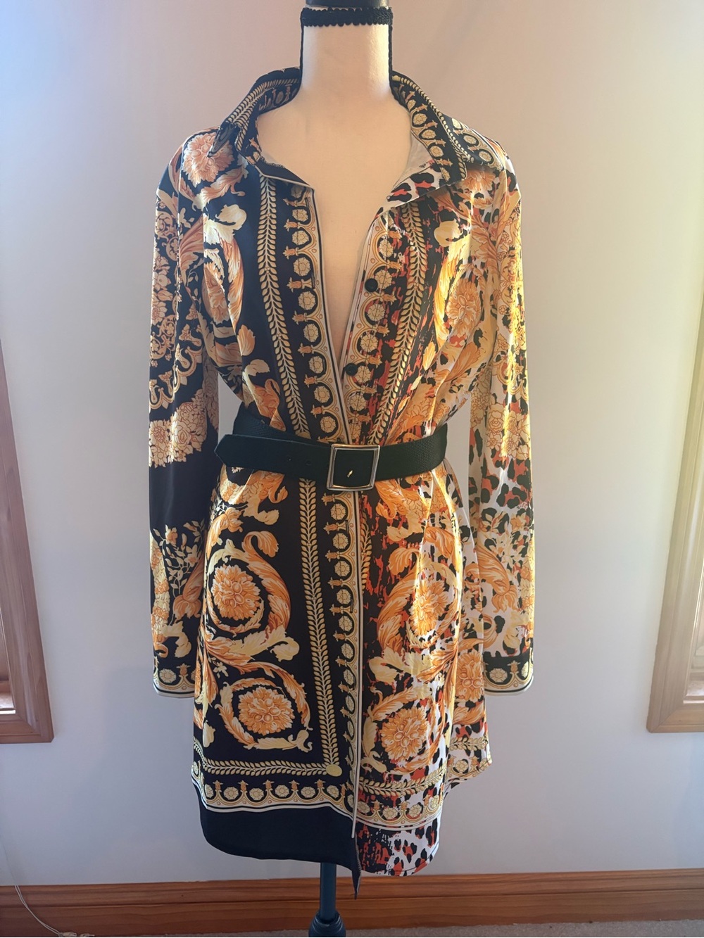 Gold & Black Versace Style Baroque Print Shirt Dress with Belt